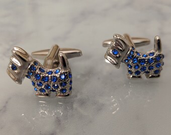 Paire De Boutons De Manchette Vintage Argenté Décor Chien Terrier - Occasion Très Bon état