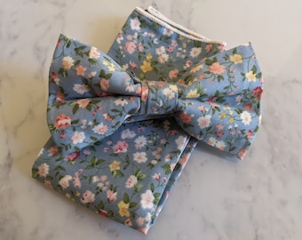 Light Blue Floral Bow Tie & Pocket Square