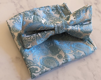 Silver Blue Paisley Bow Tie & Pocket Square