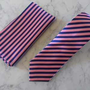 Blue and Pink Diagonal Striped Tie and Matching Pocket Square