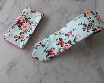 Mint Floral Tie and Matching Pocket Square