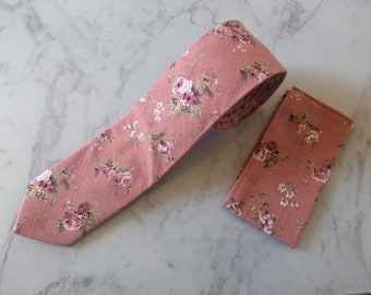 Coral Floral Tie and Matching Pocket Square