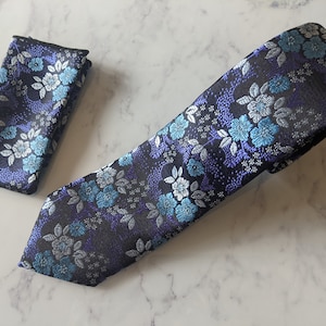 Black Purple Floral Tie and Matching Pocket Square