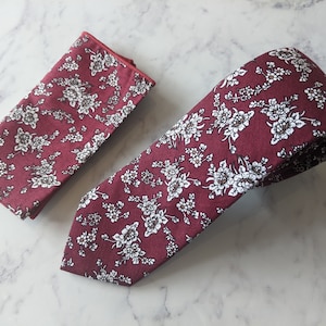 Burgundy Floral Tie and Matching Pocket Square