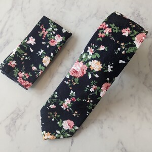 Navy Blue Floral Tie and Matching Pocket Square