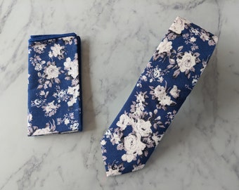 Brilliant Blue Floral Tie and Matching Pocket Square