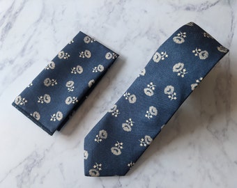 Blue Floral Tie and Matching Pocket Square