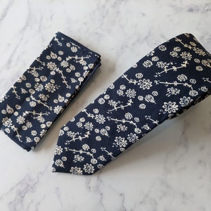 Navy Blue Floral Tie and Matching Pocket Square