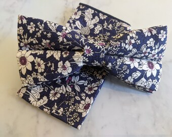 Blue Floral Cotton Bow Tie & Pocket Square