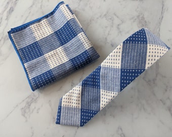 Blue Plaid Tie and Matching Pocket Square