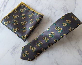 Grey Floral Tie and Matching Pocket Square