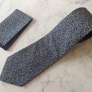 Navy Blue Floral Tie and Matching Pocket Square