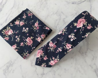 Dark Blue Floral Tie and Matching Pocket Square