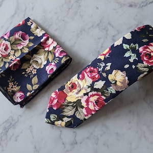 Navy Blue Floral Tie and Matching Pocket Square