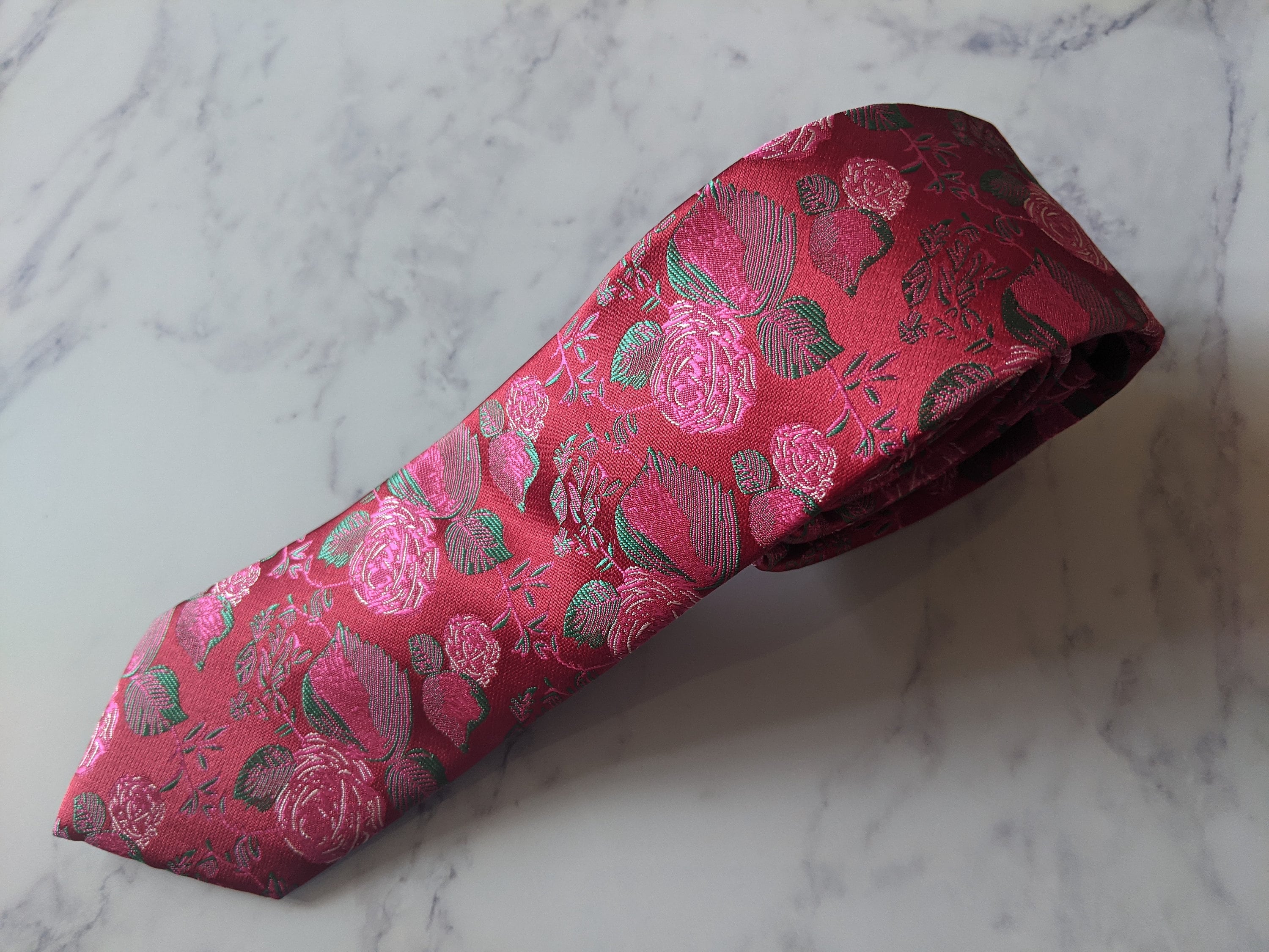 Raspberry Pink Floral Tie | Handmade Luxury Necktie  display picture 3