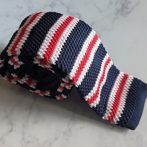 Blue, White and Red Striped Tricolour Knitted Tie