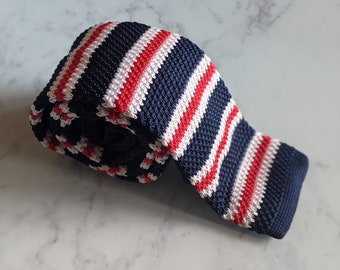 Blue, White and Red Striped Tricolour Knitted Tie
