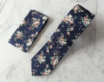 Blue Floral Tie and Matching Pocket Square