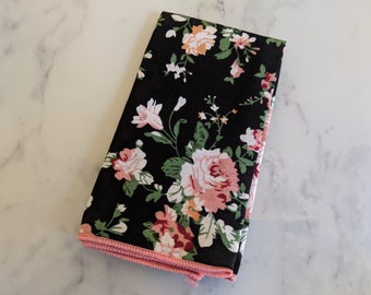 Black Floral Pocket Square with Pink Piping