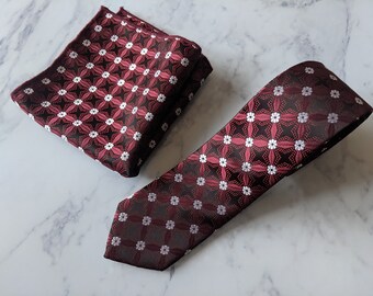 Red Black Floral Tie and Matching Pocket Square