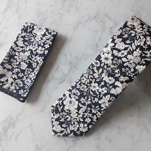 Navy Blue Floral Tie and Matching Pocket Square