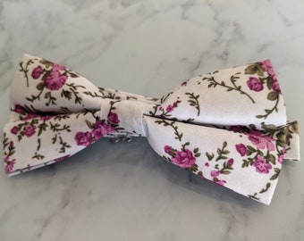 White Purple Floral Bow Tie