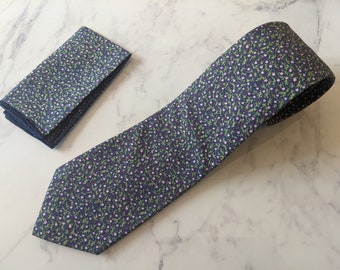 Deep Blue Floral Tie and Matching Pocket Square