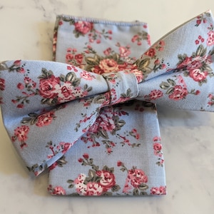 Light Blue Floral Cotton Bow Tie & Pocket Square