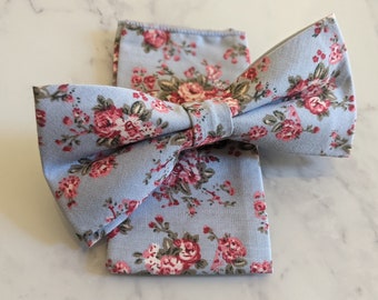 Light Blue Floral Cotton Bow Tie & Pocket Square