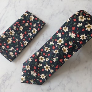Dark Blue Floral Tie and Matching Pocket Square