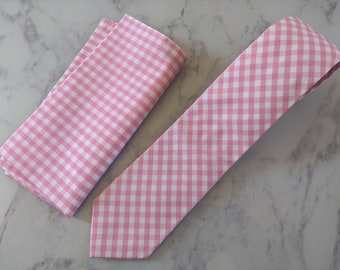 Pink Gingham Tie and Matching Pocket Square