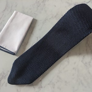 Navy Blue Knit Tie and Matching White Pocket Square