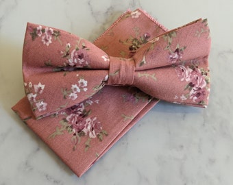 Coral Pink Floral Fliege & Pocket Square