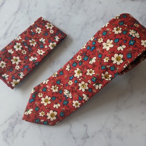 Red Floral Tie and Matching Pocket Square