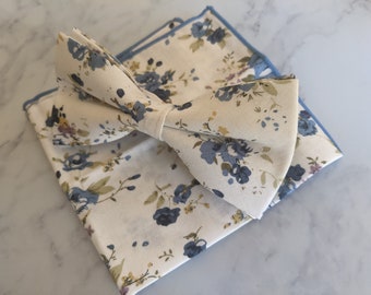 White Blue Floral Bow Tie & Pocket Square