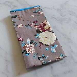 Gray Floral Pocket Square with Blue Piping