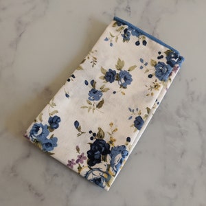 White Floral Pocket Square with Blue Piping
