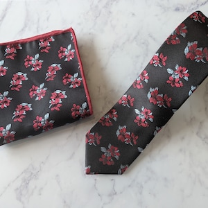 Black Red Floral Tie and Matching Pocket Square