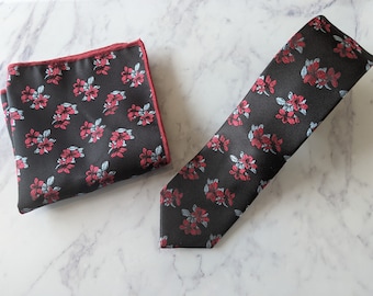 Black Red Floral Tie and Matching Pocket Square