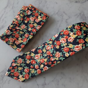 Navy Blue Floral Tie and Matching Pocket Square