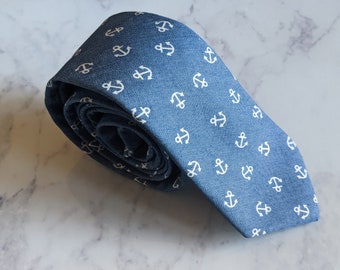 Blue Anchor Print Cotton Tie