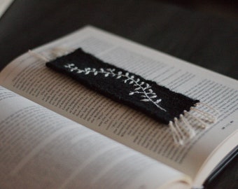 Black and White Handwoven Bookmark with Vine & Leaf Embroidery