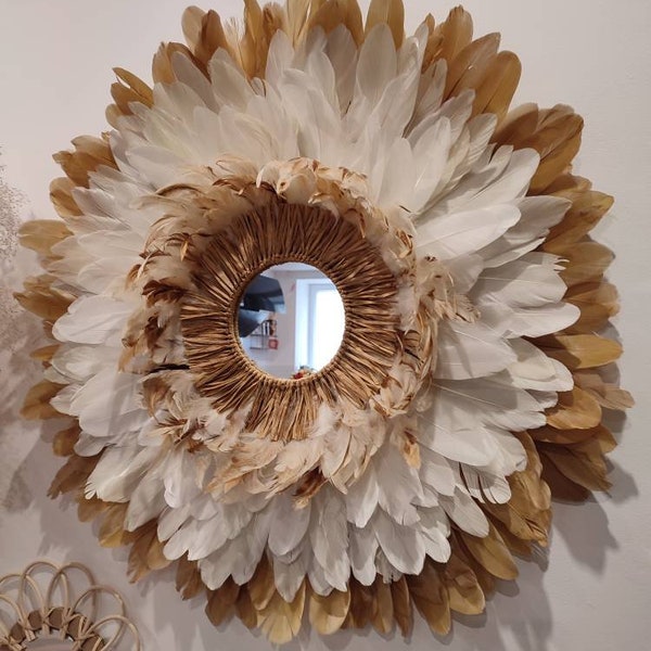 Jujuhat marron et beige miroir raphia plumes de coq pour décoration murale