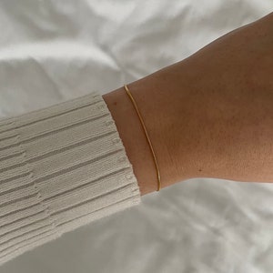 May include: A thin gold chain bracelet on a person's wrist.