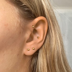 Ball Stud Earrings In Gold • 3mm Ball • 16G • Lobe Tragus Helix Conch • Tarnish Resistant • Gift For Her
