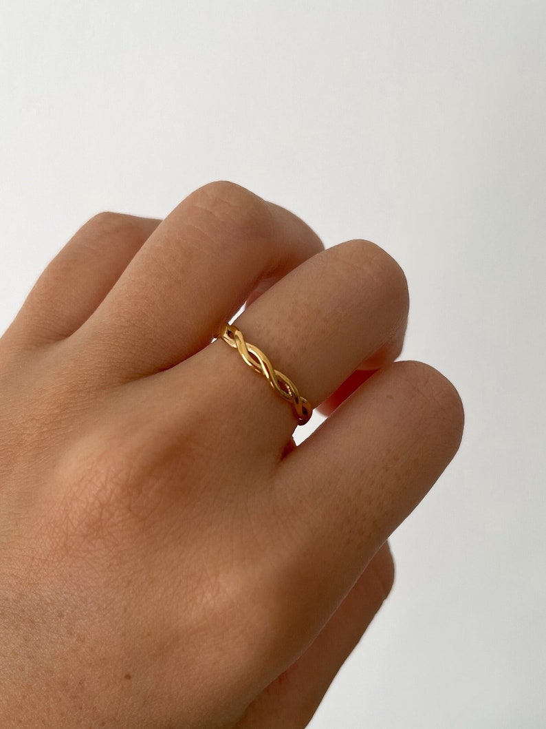 18k Gold Braided Ring US 6 / 7 / 8 PVD Gold Plated 316L Stainless Steel Dainty Thin Stackable Tarnish Resistant image 2