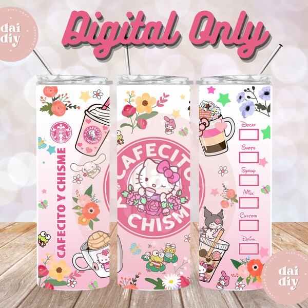 Kawaii Kitty Floral Cafecito y Chisme Wrap with kitty for 20oz skinny tumblers| Instant Downloading| Digital Only