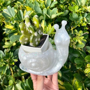 Multipurpose Iridescent Indoor Snail Planter | Cute Plant Sculpture Office Desk Decor | Unique Crystal Holder
