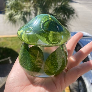 Green Leaves Mushroom Botanical Stash Jar with Lid | Cute Plant Home Storage Decor Gift