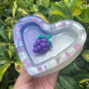 Purple Heart Shaped Grape Ashtray | Ash Tray Handmade with Resin & Polymer Clay | Fruit Trinket Jewelry Dish | Unique Gift for Smoker